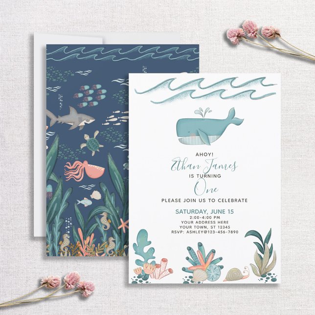 Invitation Sous l'aquarelle de mer Baleine 1er anniversaire S (Créateur téléchargé)