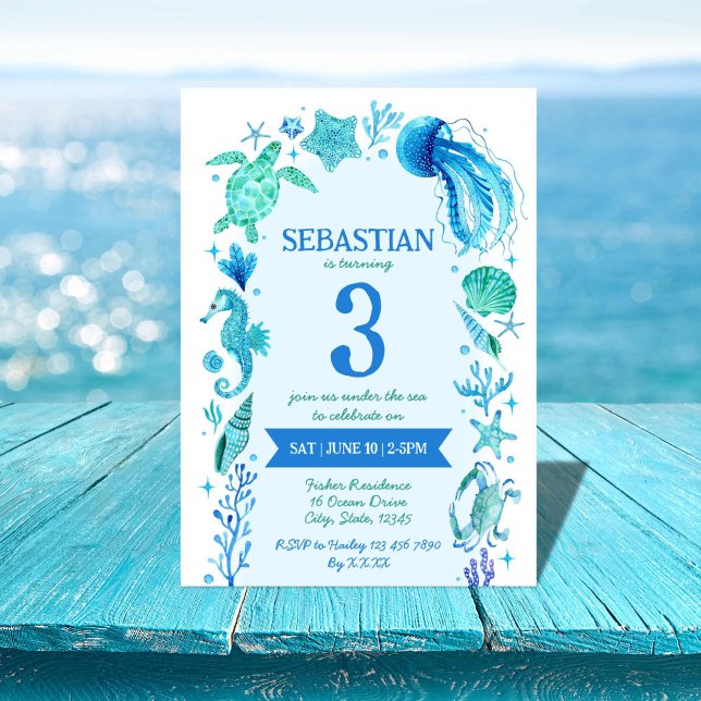 Invitation Sous l'aquarelle de mer Jellyfish, Sea Horse (Under the Sea Watercolor Jellyfish, Sea Horse Invitation)
