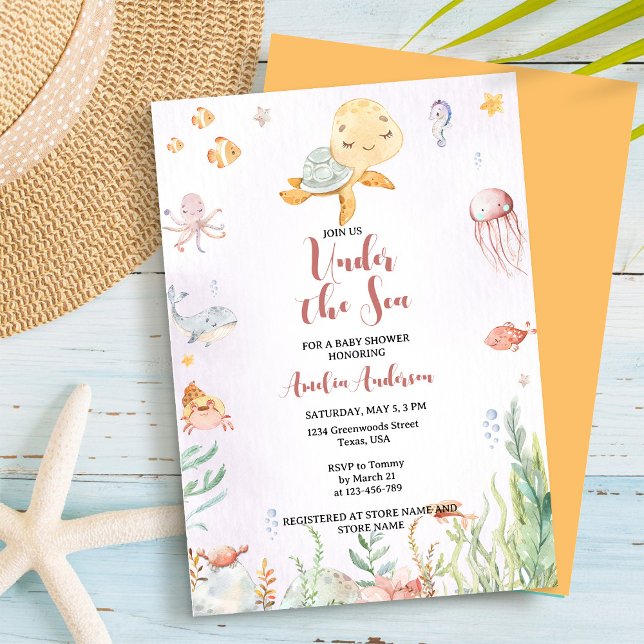 Invitation Sous l'Aquarelle de mer orange et Baby shower rose (Créateur téléchargé)