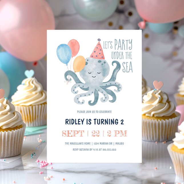Invitation Sous l'aquarelle de pieuvre de mer Fête d'annivers (Créateur téléchargé)