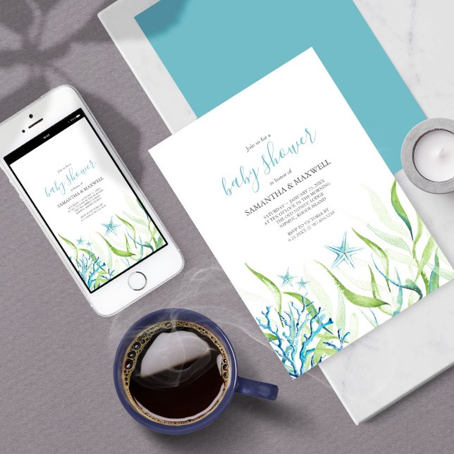 Invitation Sous le Baby shower bleu et vert de la mer (Baby Shower Invitation Under The Sea Blue and Green )