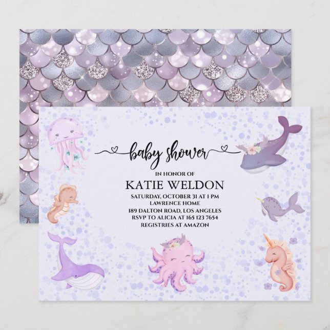 Invitation Sous le Baby shower d'animaux pour bébés de la mer (Devant / Derrière)