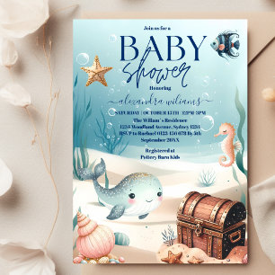 Invitation Sous le Baby shower d'aquarelle bleu marine