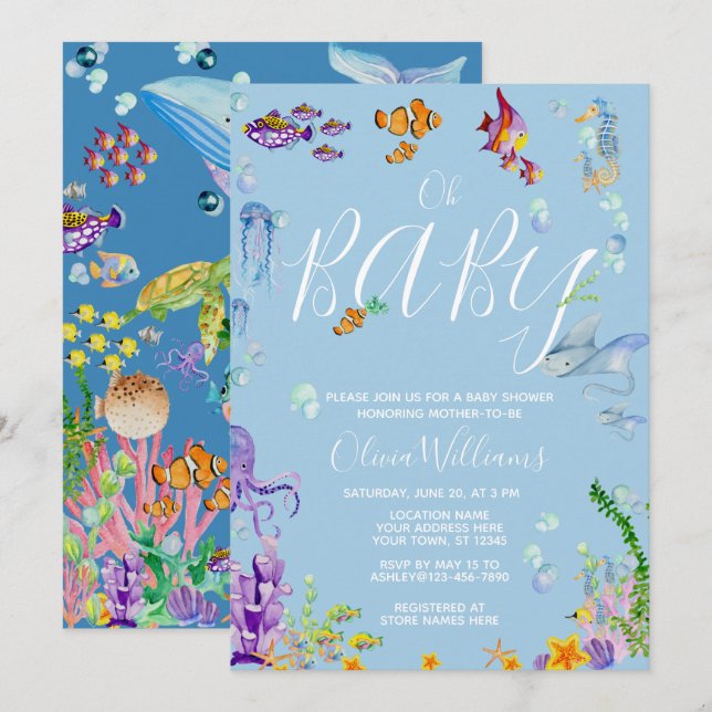 Invitation Sous le Baby shower d'aquarelle de mer Oh (Devant / Derrière)