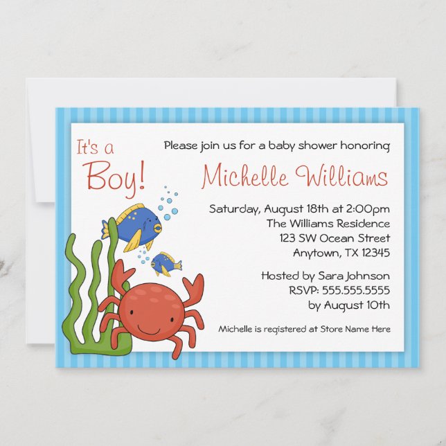 Invitation Sous le baby shower de garçon de rayures bleues de (Devant)
