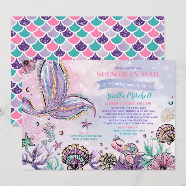 Invitation Sous le Baby shower de la sirène maritime par cour (Devant / Derrière)