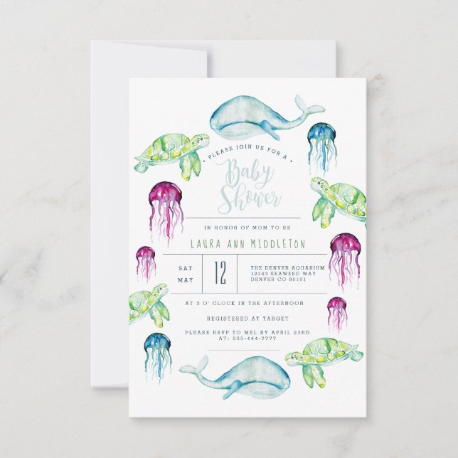 Invitation Sous le Baby shower de mer Océan Animaux Aquarelle (Devant)