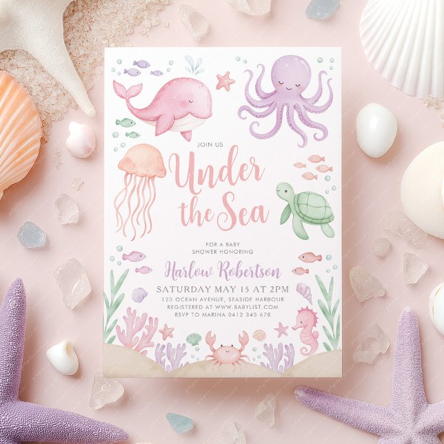 Invitation Sous le Baby shower de mer Ocean Girl (Under the Sea Girl Baby Shower Invitation | Ocean themed invite in pink purple)