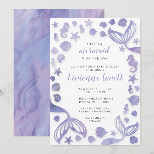 Invitation Sous le Baby shower des sirènes de mer (Devant / Derrière)