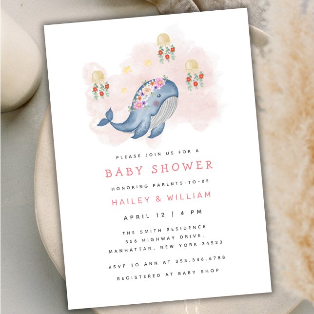 Invitation Sous Le Baby shower Floral See Sweet Whale (Under The See Sweet Whale Floral Baby Shower Invitation)