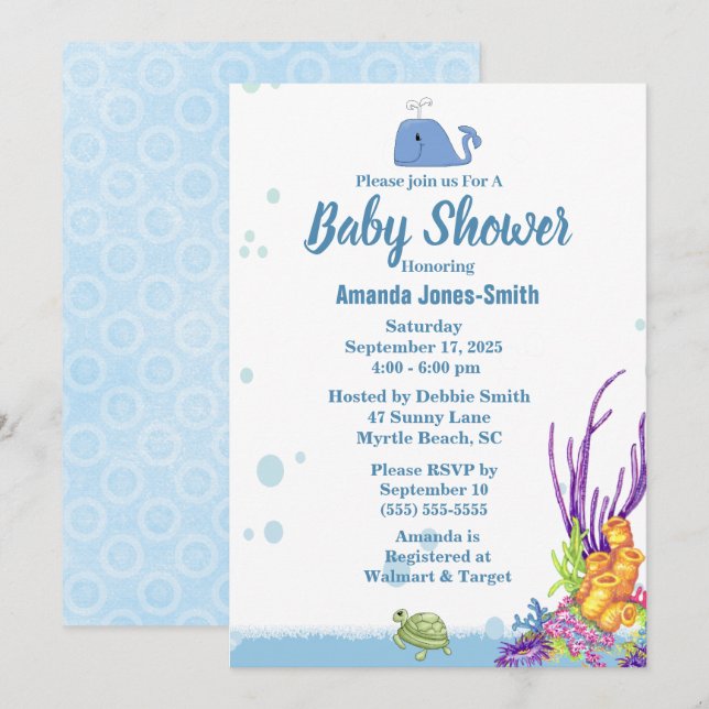 Invitation Sous le Baby shower marin (Devant / Derrière)