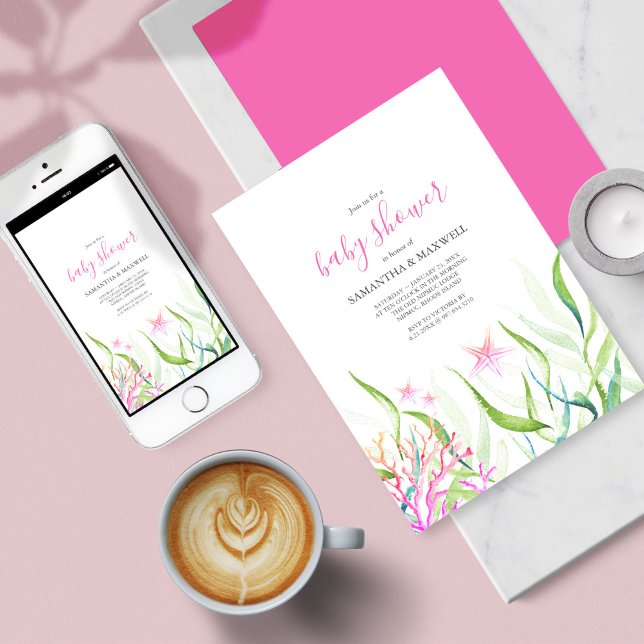 Invitation Sous le Baby shower rose et vert de la mer (Baby Shower Invitation Under The Sea Pink and Green )