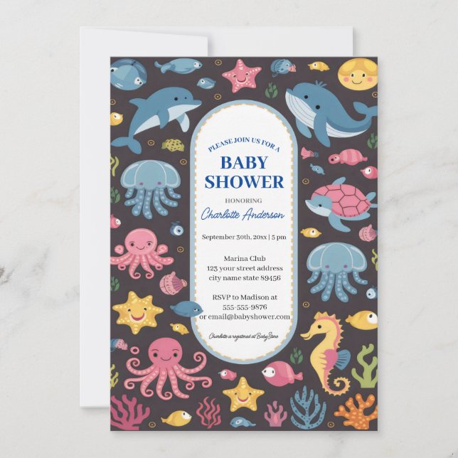 Invitation Sous le Baby shower Sea Blue Ocean Animals (Devant)