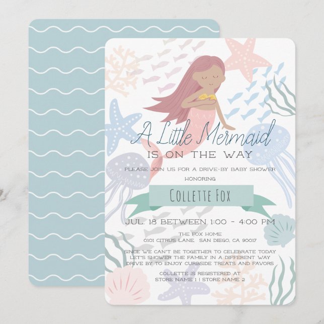 Invitation Sous le Baby shower Sea Mermaid Green Drive-by I (Devant / Derrière)
