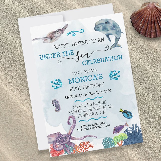 Invitation Sous le dauphin de mer Anniversaire Tortue de mer (Créateur téléchargé)