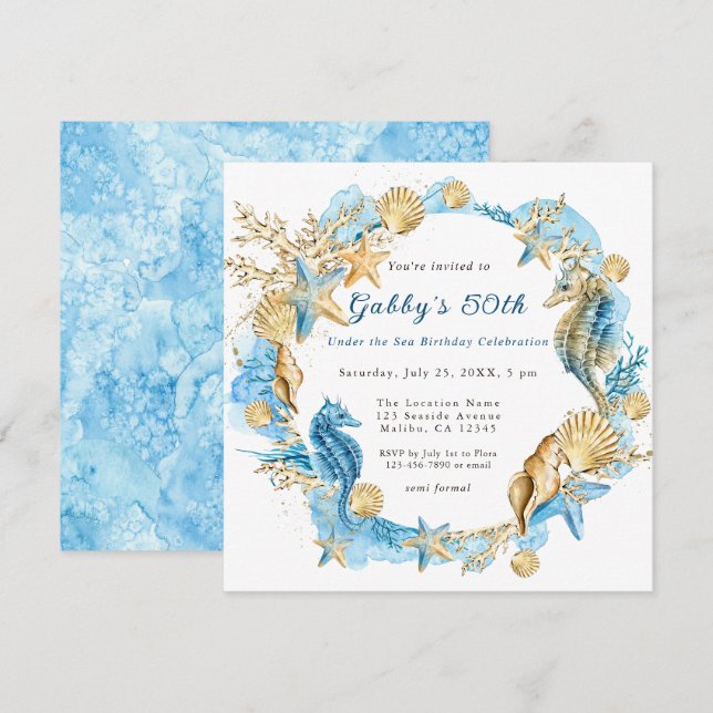 Invitation Sous le Sea Blue Gold fête d'anniversaire (Devant / Derrière)