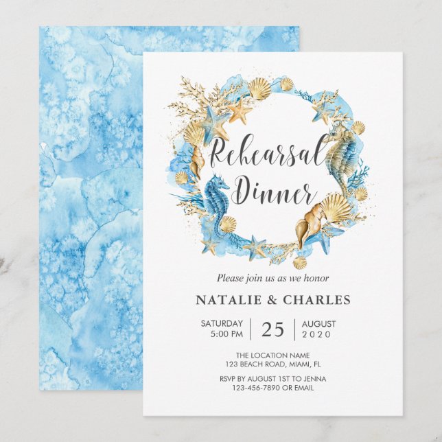 Invitation Sous le Sea Blue Gold Rehearsal Dinner (Devant / Derrière)