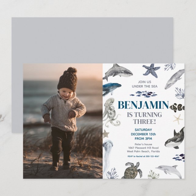 Invitation Sous le Sea Boy Photo Party Anniversaire (Devant / Derrière)