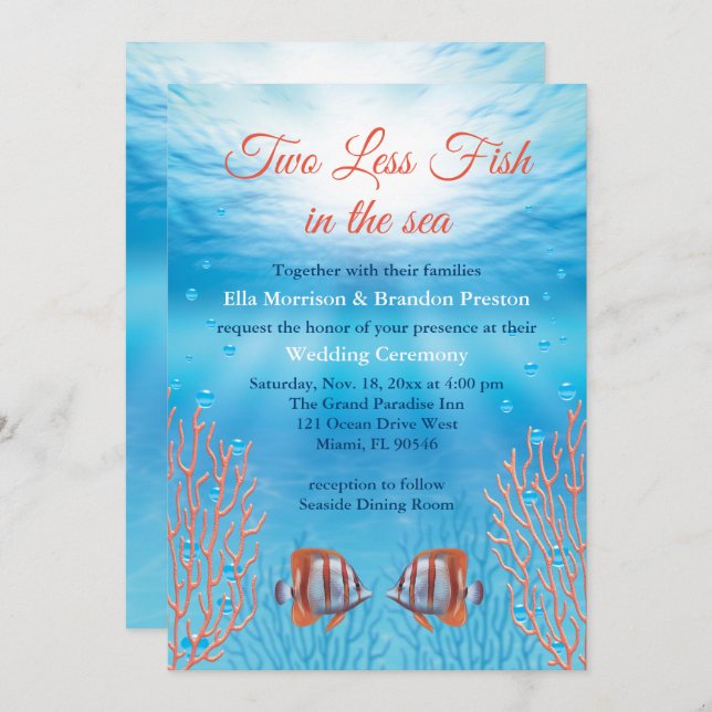 Invitation Sous l'eau deux poissons de moins dans le Mariage  (Devant / Derrière)