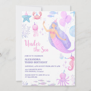 Invitation Sous l'eau Sirène Fille 3e Anniversaire Pastel