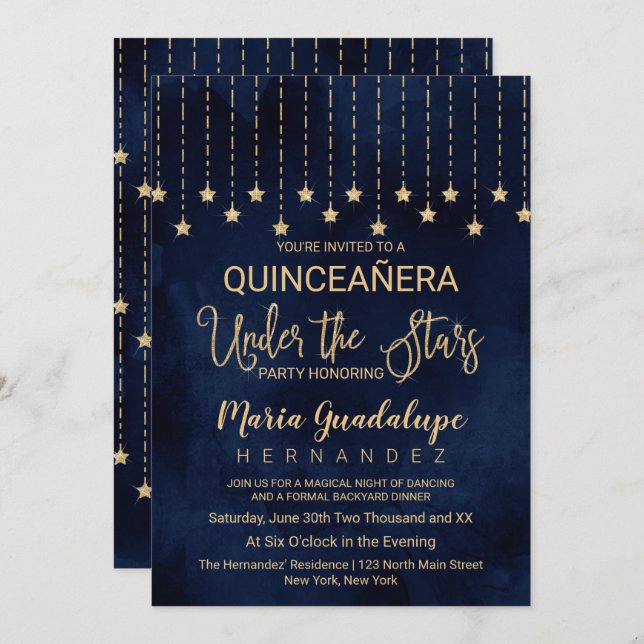 Invitation Sous les étoiles Marine Blue Gold Sparkle Quinceañ (Devant / Derrière)