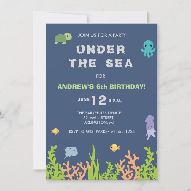 Invitation Sous l'invitation de fête d'anniversaire de mer (Devant)