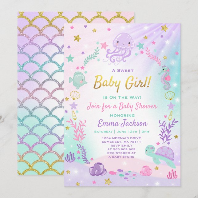 Invitation Sous l'invitation du Baby shower de mer rose & or (Devant / Derrière)