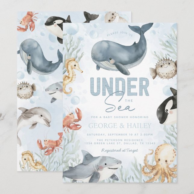 Invitation Sous l'invitation du Baby shower des baleines mari (Devant / Derrière)
