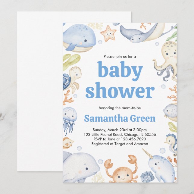 Invitation Sous l'invitation du Baby shower marin (Devant / Derrière)