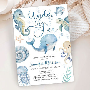 Invitation Sous l'océan Baby Shower Bleu Garçon Aquarelle