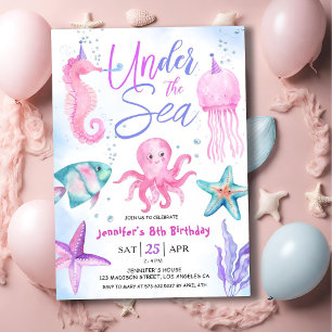 Invitation Sous l'océan ! Fille de 8 ans anniversaire Rose Oc
