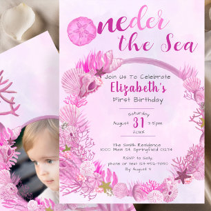 Invitation Sous l'océan Fille rose Photo Anniversaire 1 an