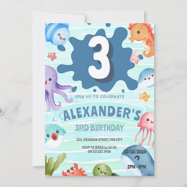 Invitation Sous l'océan marin Animaux 3e anniversaire (Devant)