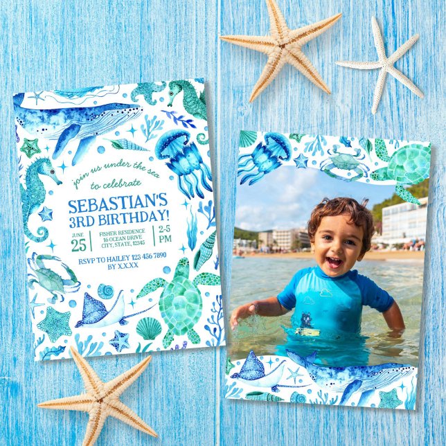 Invitation Sous l'Océan marin Animaux Aquarelle Photo (Under The Sea Ocean Animals Watercolor Photo Invitation)