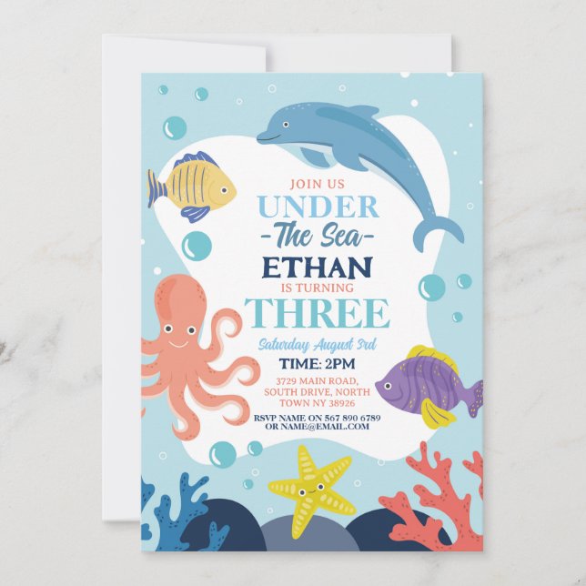 Invitation Sous l'océan TROIS Dauphin Pieuvre 3ème (Devant)