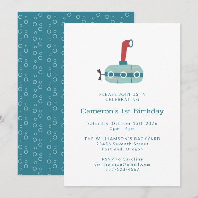 Invitation Sous-marin bleu moderne Simple 1er anniversaire (Devant / Derrière)