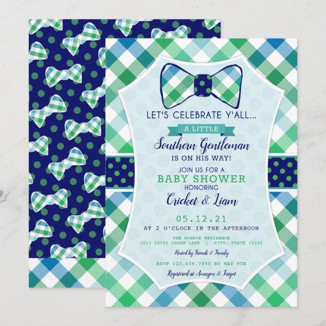 Invitation Southern Gentleman Plaid et Bowtie Baby Boy (Devant / Derrière)