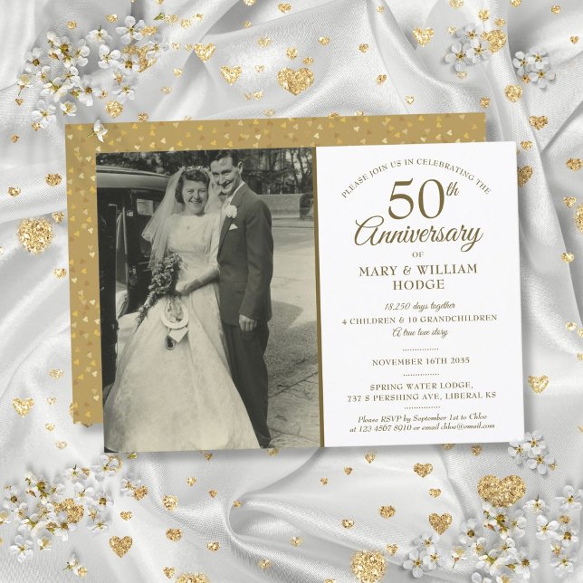 Invitation Souvenirs d'anniversaire de mariage d'or 50e (50th Golden Anniversary Memories Wedding Photo Invitation)
