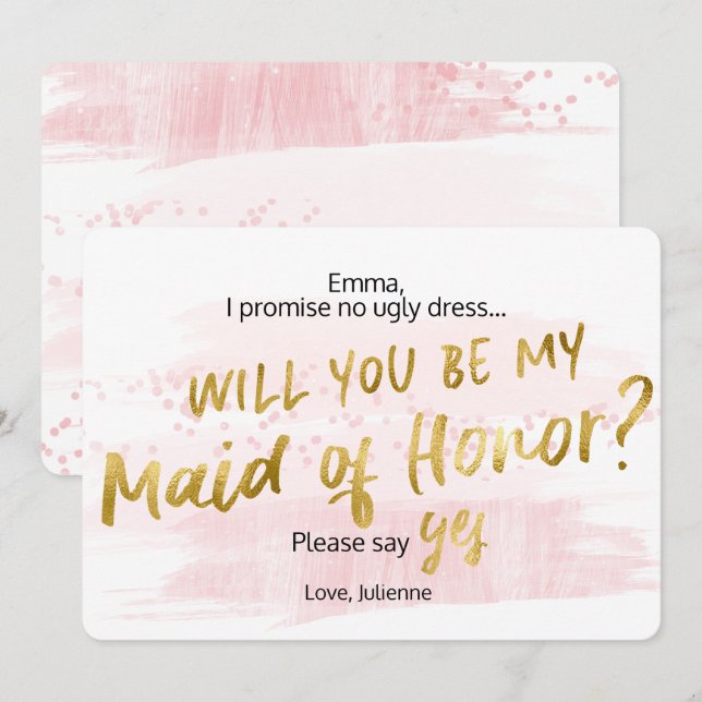 Invitation Soyez ma femme d'honneur couleur or rose pâle (Devant / Derrière)