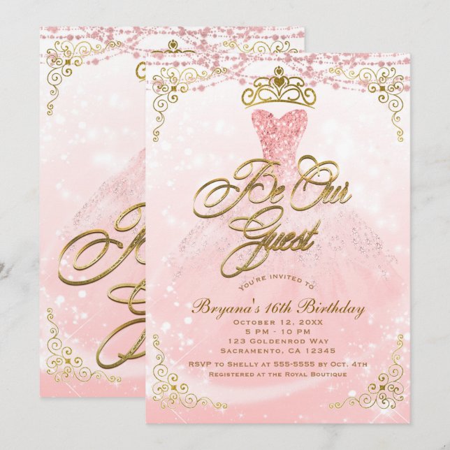 Invitation Soyez Notre Invité Princess Pink & Gold Sweet 16 P (Devant / Derrière)