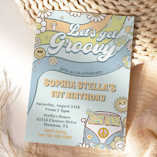 Invitation Soyons Super Retro Rainbow 1er anniversaire fête
