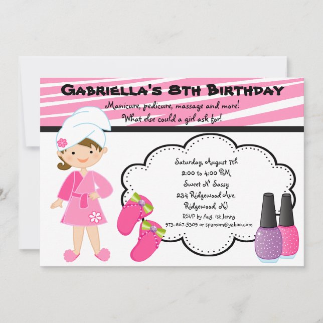 Invitation Spa de filles Zebra rose et blanc (Devant)