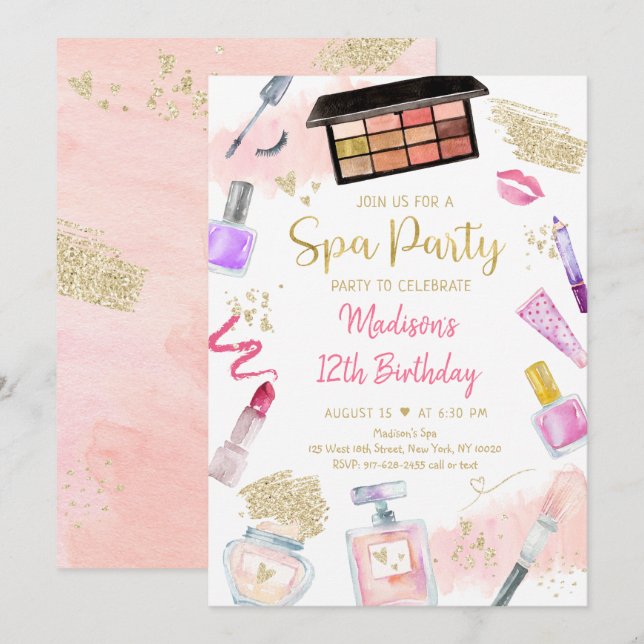 Invitation Spa Glitz & Glam Pink Gold Anniversaire (Devant / Derrière)