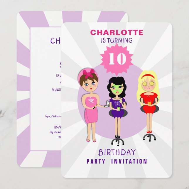 Invitation Spa Pamper Girl Kids mignonne Anniversaire fêté In (Devant / Derrière)