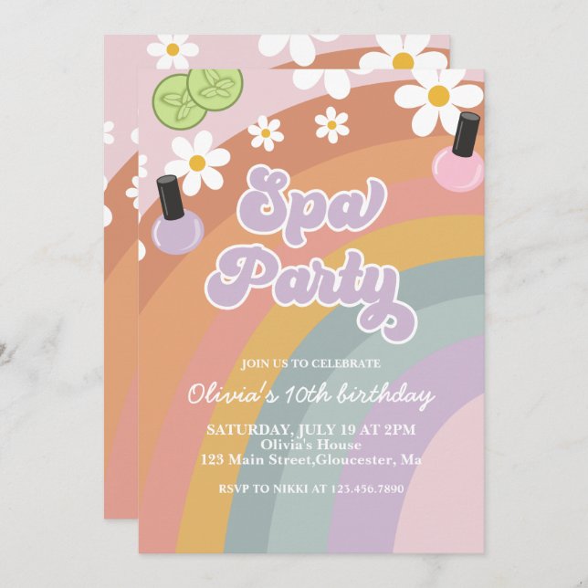Invitation Spa Party retro Rainbow Anniversaire (Devant / Derrière)