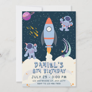 Invitation Space Adventure Anniversaire avec Rocket et astron