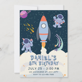 Invitation Space Adventure Anniversaire avec Rocket et astron