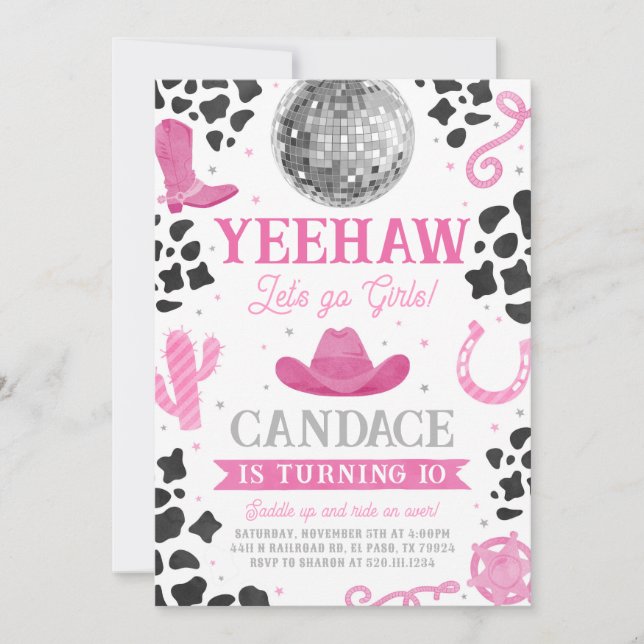 Invitation Space Cowgirl Pink Disco Anniversaire Fête Invitat (Devant)