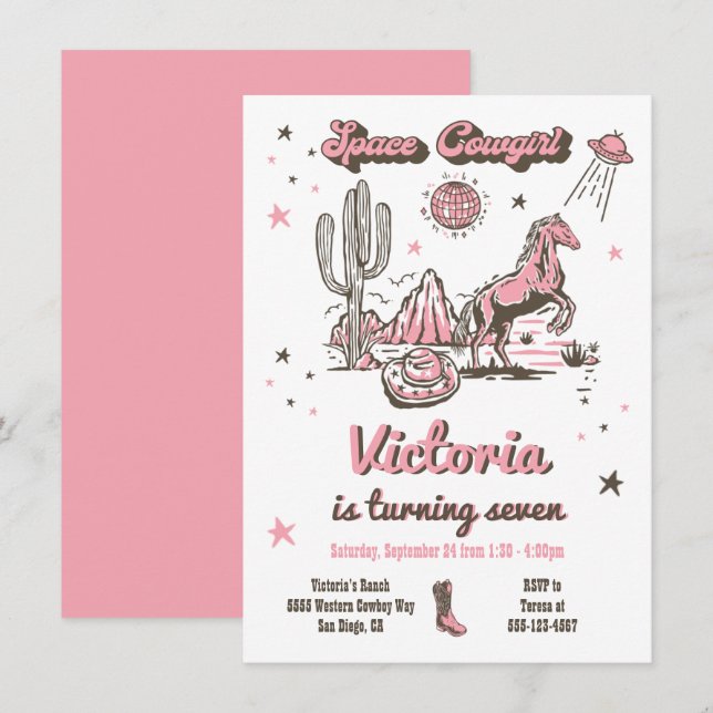 Invitation Space Cowgirl Western Anniversaire (Devant / Derrière)