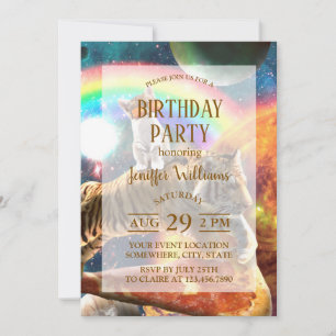 Invitation Space Galaxy Cat Riding Tiger sur Pizza